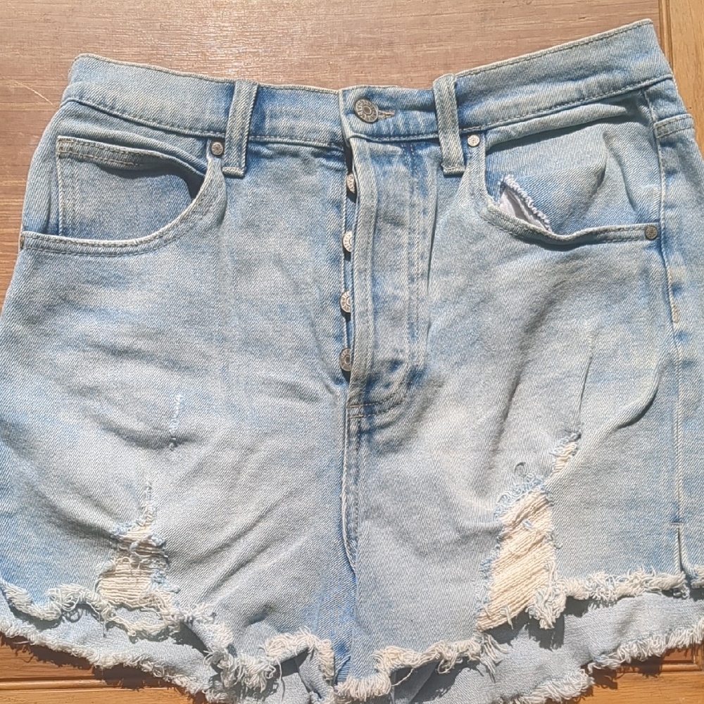 Celebrity Pink Blue High Waisted Distressed Jean Shorts with Frayed Hem